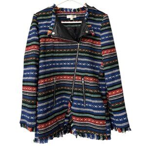 Priina Women Size Large Aztec Western Country Zip Pockets Fringe Full Zip Artsy‎